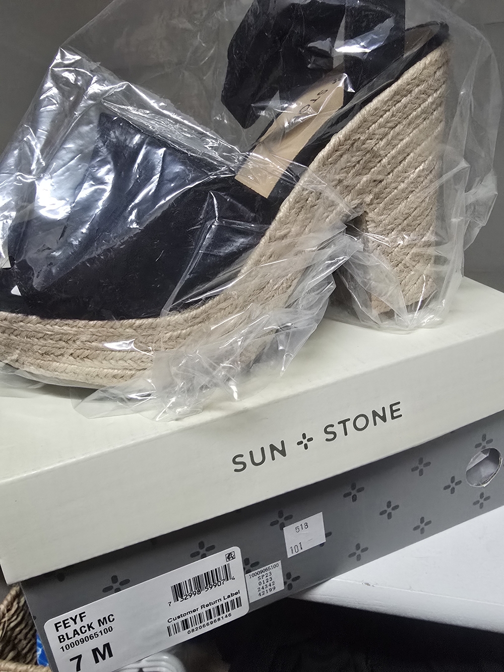 Sun + Stone Black Espadrille Wedge Sandals with Jute Platform